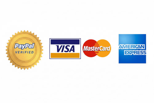 Logos of PayPal, Visa, Mastercard, and American Express on a transparent background